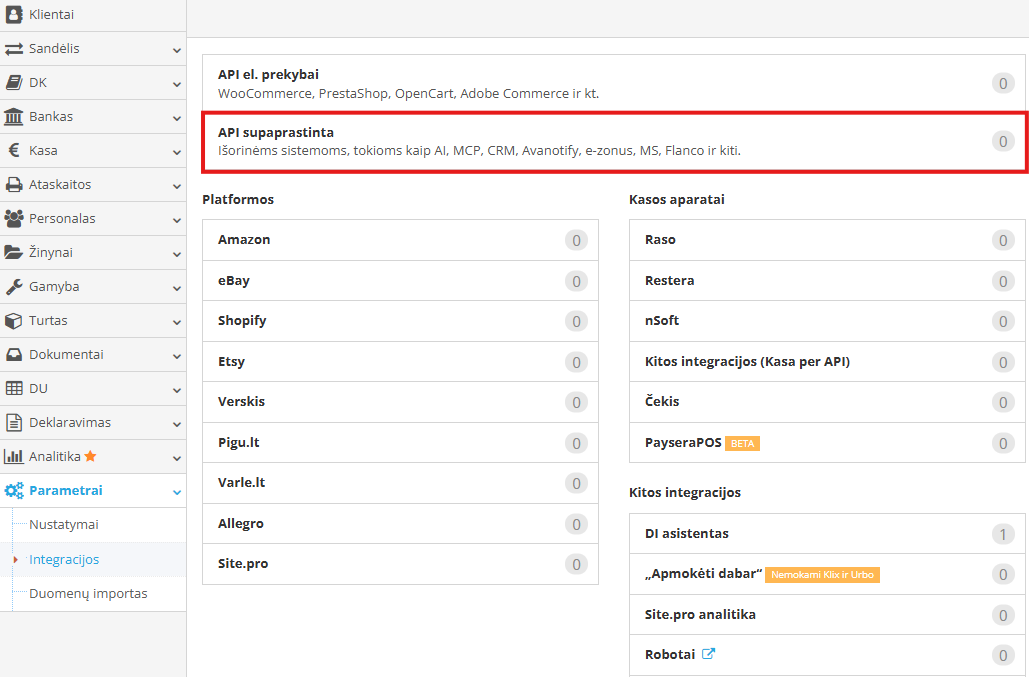 API key generation window in integration settings